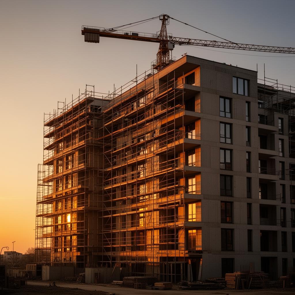 Apartment building under construction at sunset
