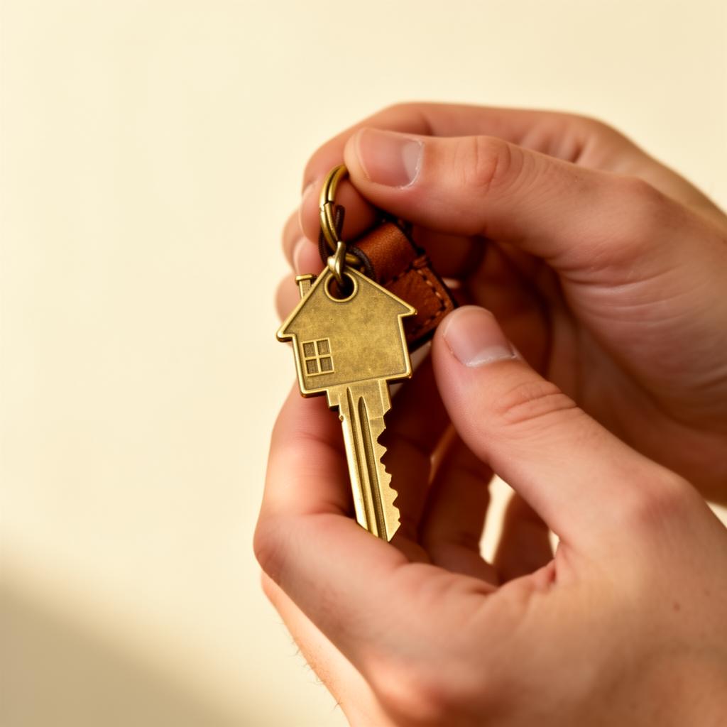 Hands holding a brass key with leather keychain